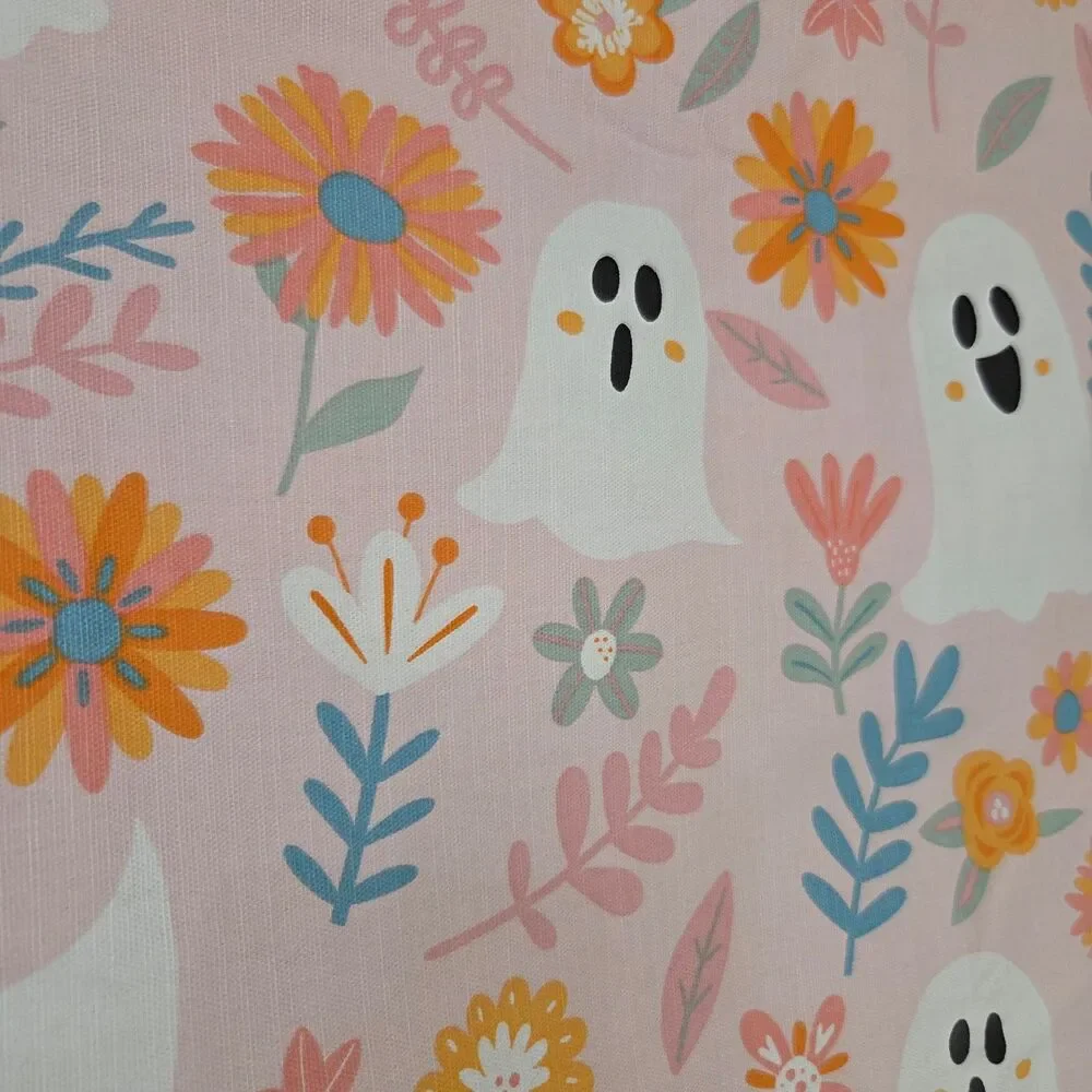 Cute Pink Floral Ghost Shower Curtain Halloween Bathroom Decor Retro Spooky Boho